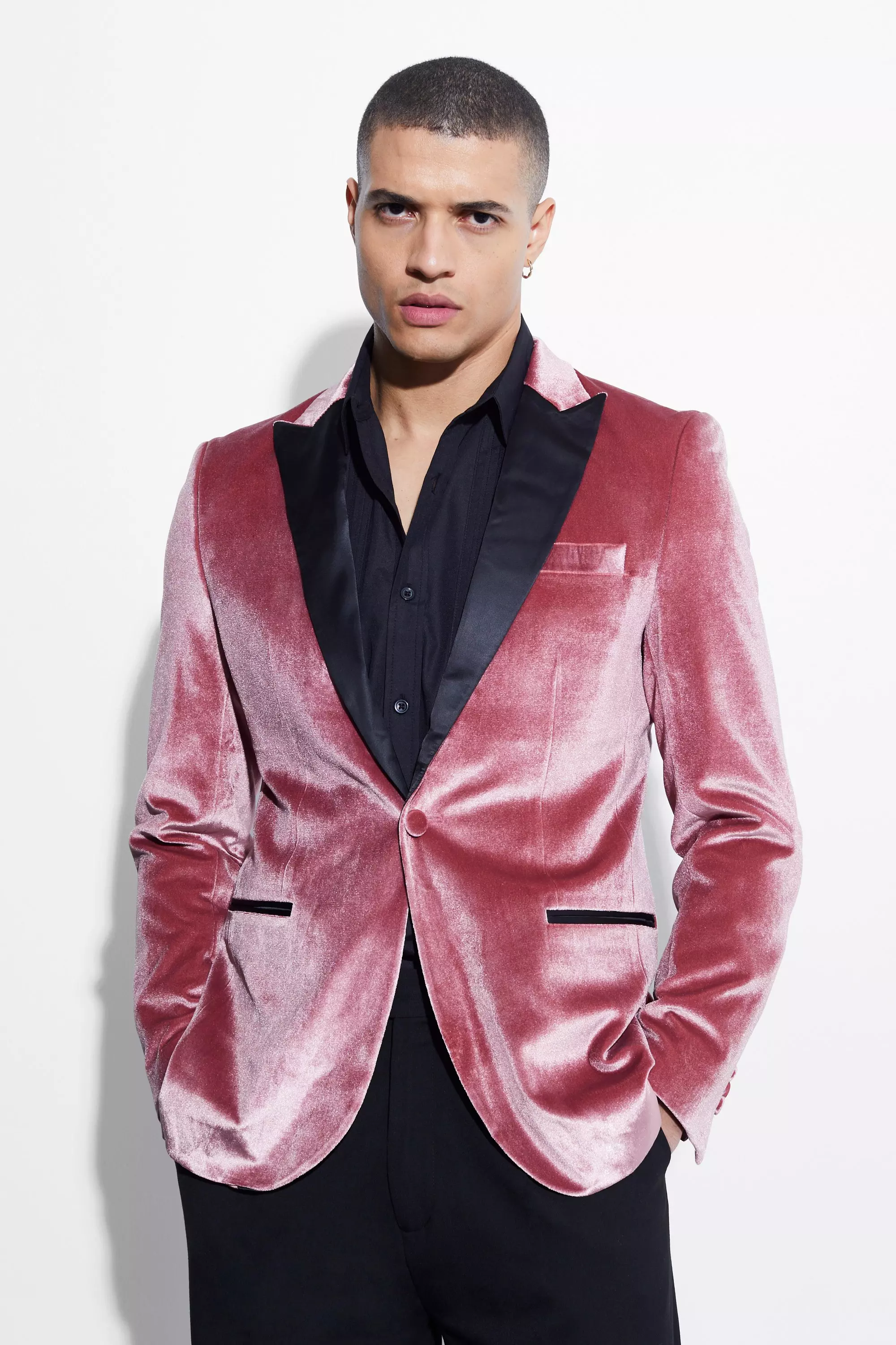 Skinny Velour Satin Lapel Blazer boohooMAN UK